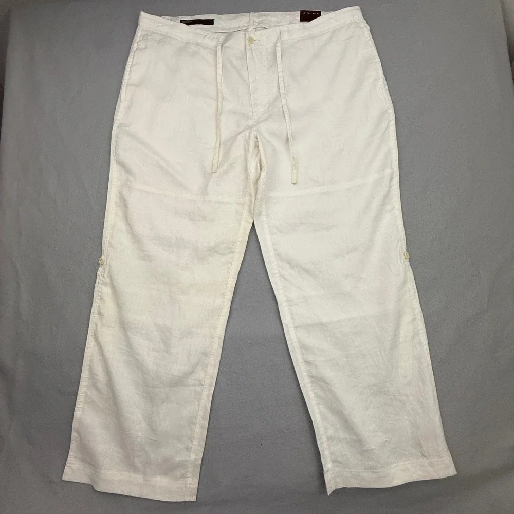 Perry Ellis Linen Pants Mens 40x30 White Swan Drawstring Straight Roll Leg